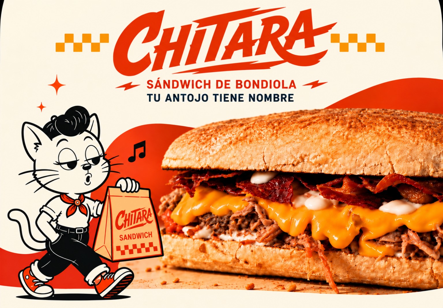 CHITARA — Sándwich de bondiola. Tu antojo tiene nombre. Mascota junto al sándwich Bestia.